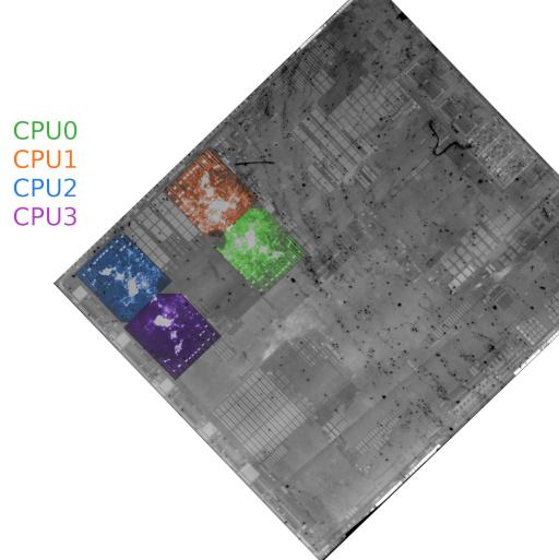 Identification des 4 coeurs de CPU d’un Système-on-Chip par photoémission. (Clément Gaine)